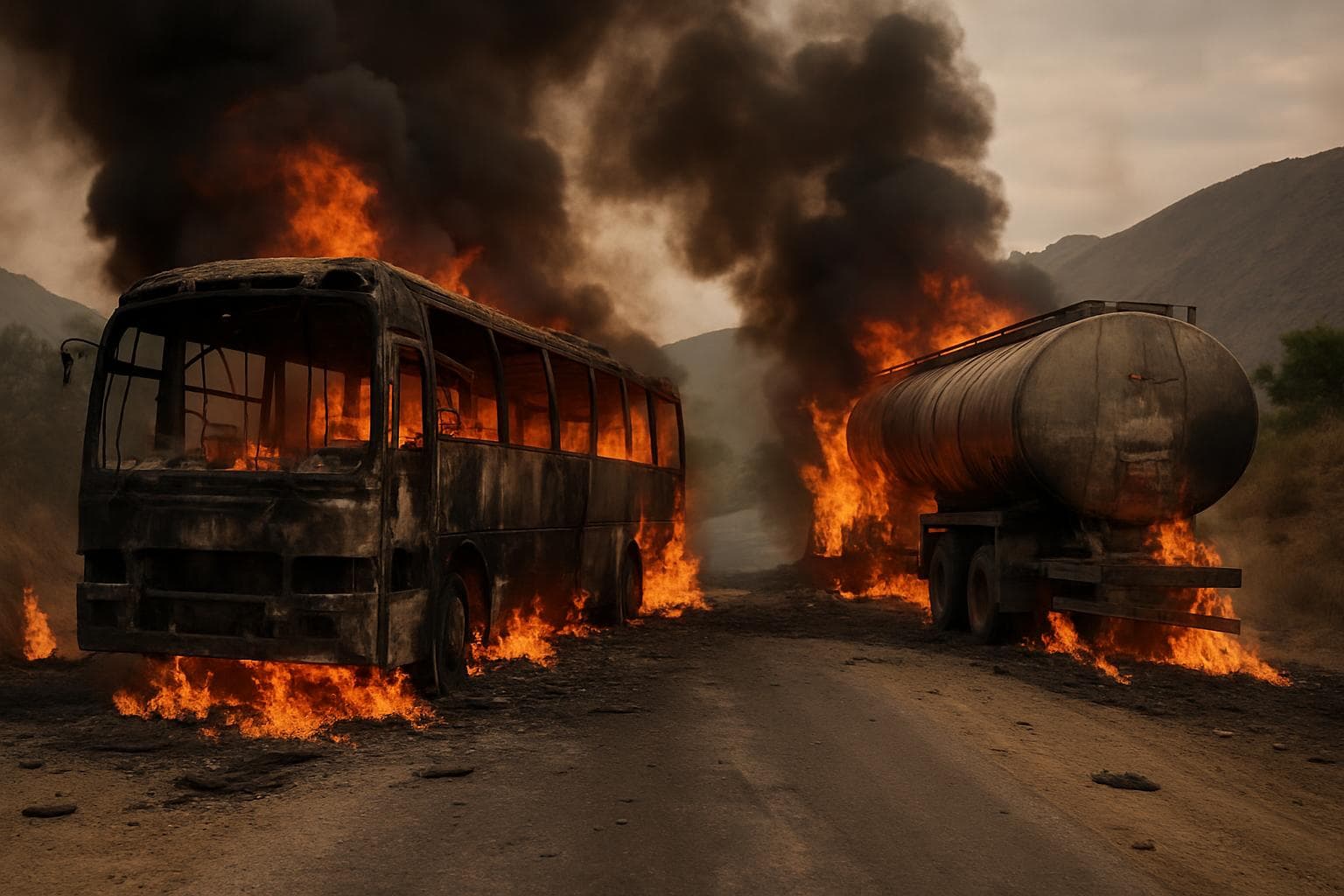 Charred bus and fuel truck on a rural Afghan road after accident