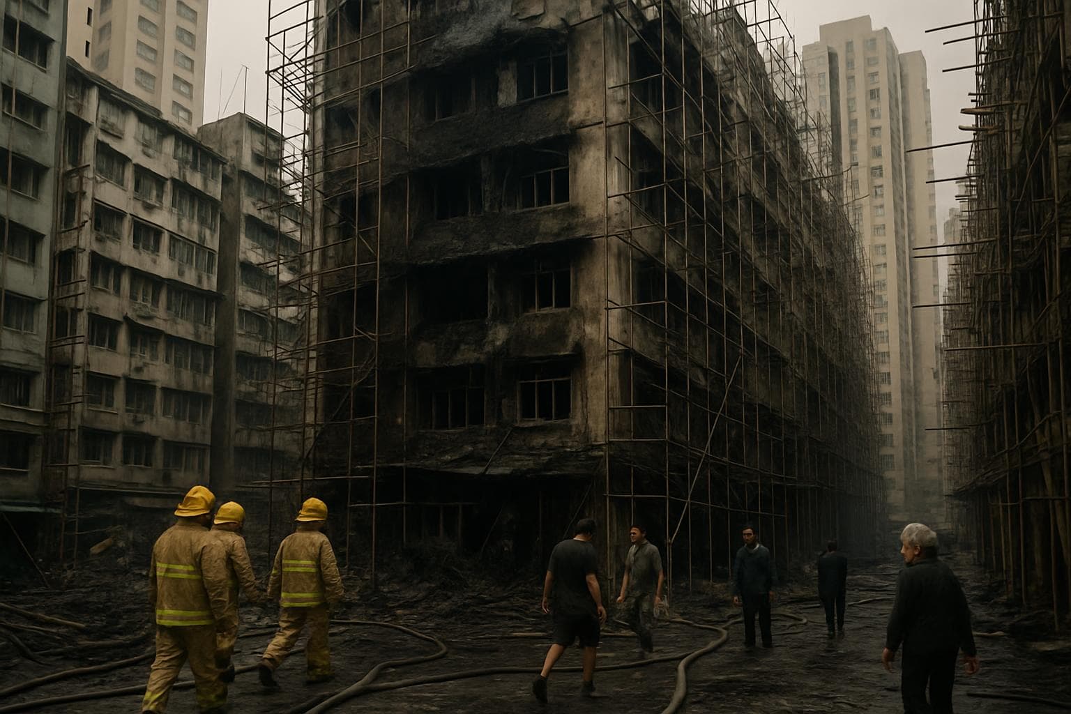 Charred residential complex in Hong Kong with firefighters and scaffolding