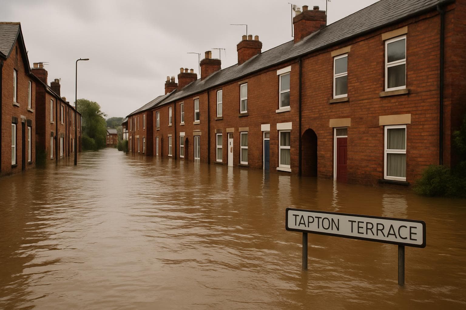 Flooded street in Chesterfield with submerged homes