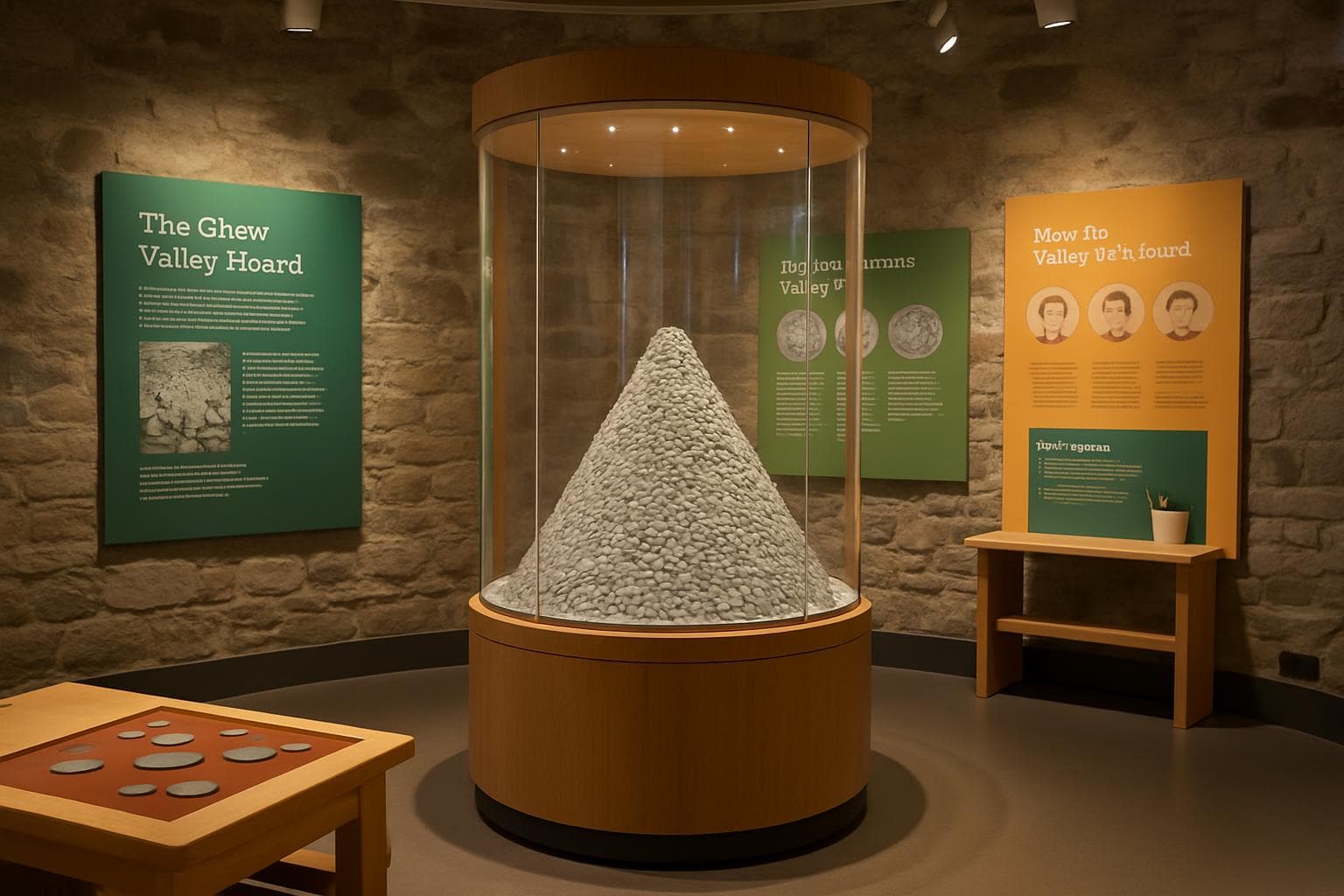 Round tower display of Chew Valley Hoard silver coins