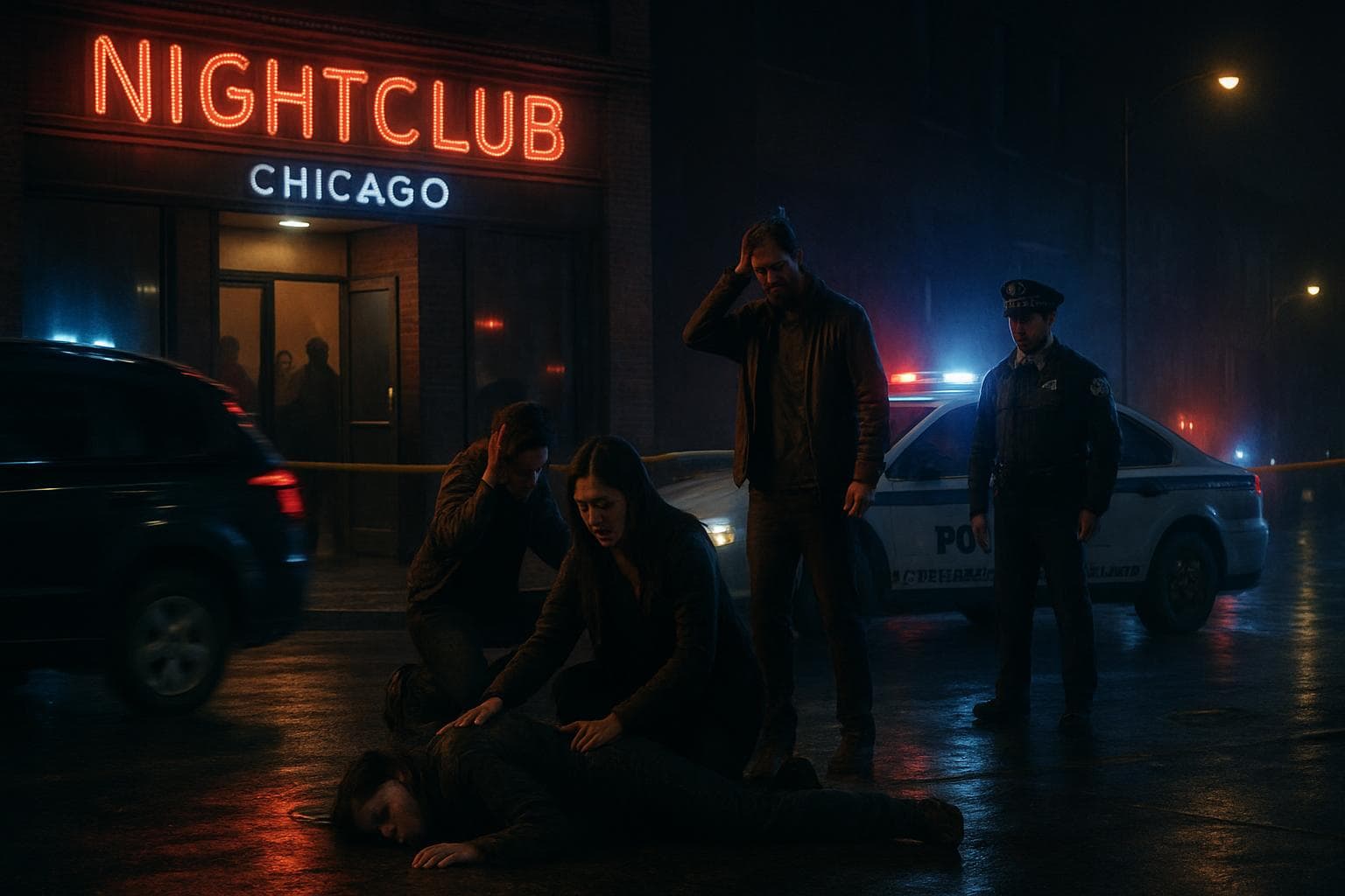 Nighttime scene outside a Chicago nightclub with police and a speeding SUV