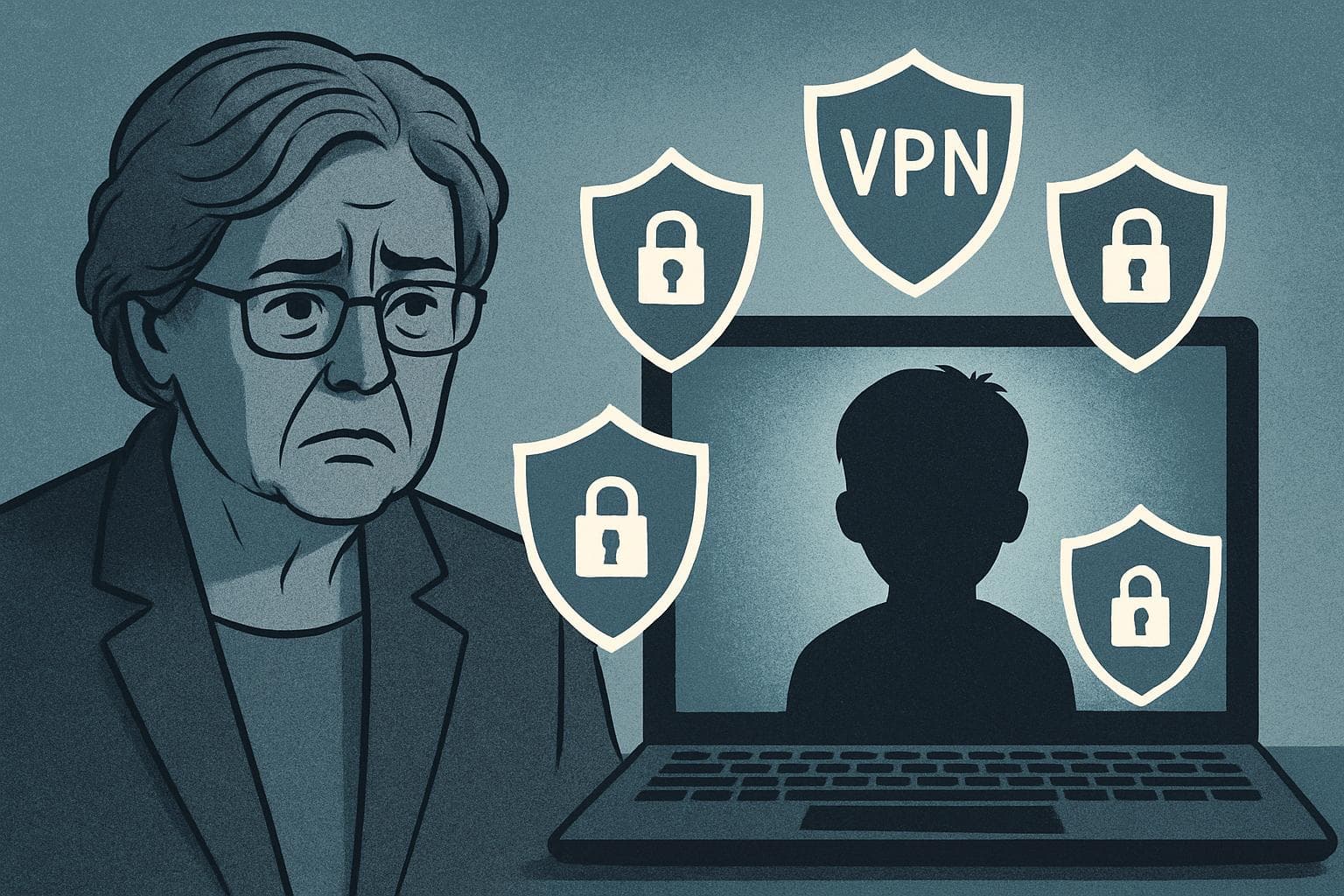 Silhouette of a child on a computer screen with digital shields