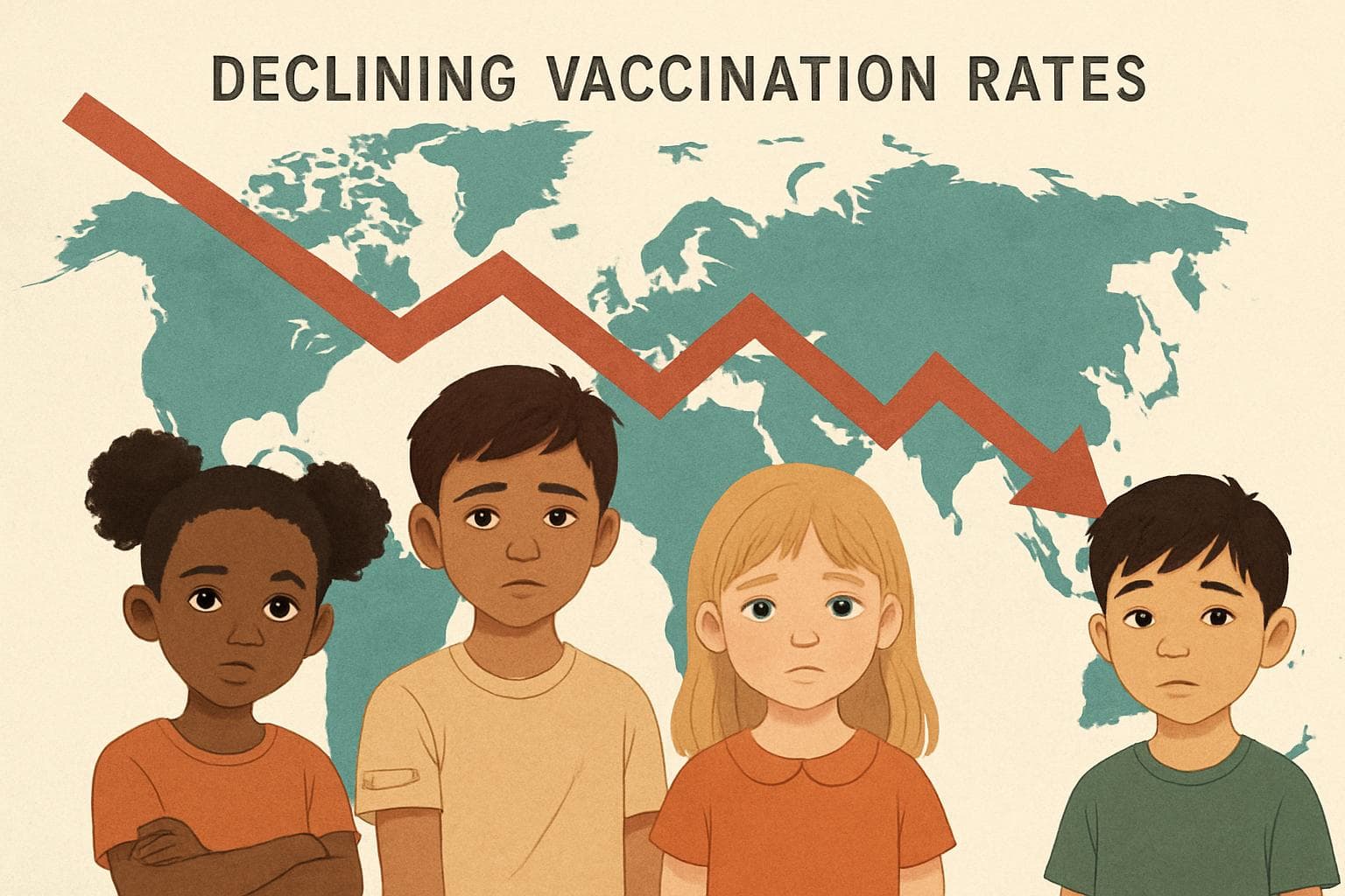 Children from diverse backgrounds in front of a map with vaccination rates