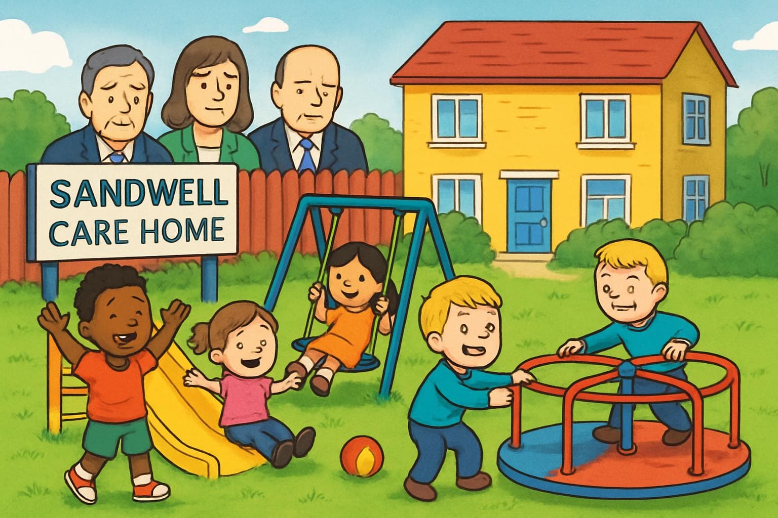 Children playing in a care home with officials nearby