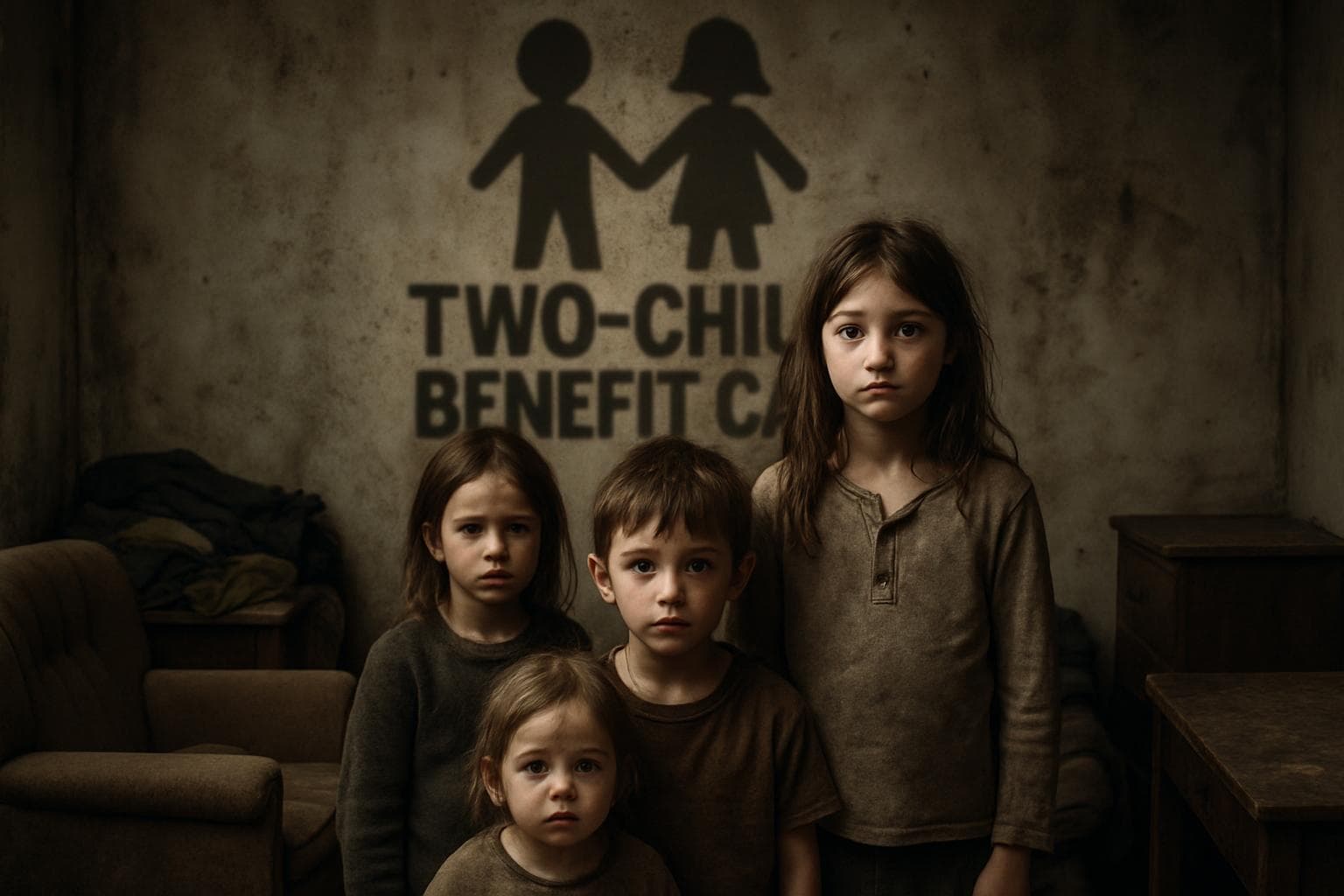 Children in a dimly lit, overcrowded room with worn-out furniture.