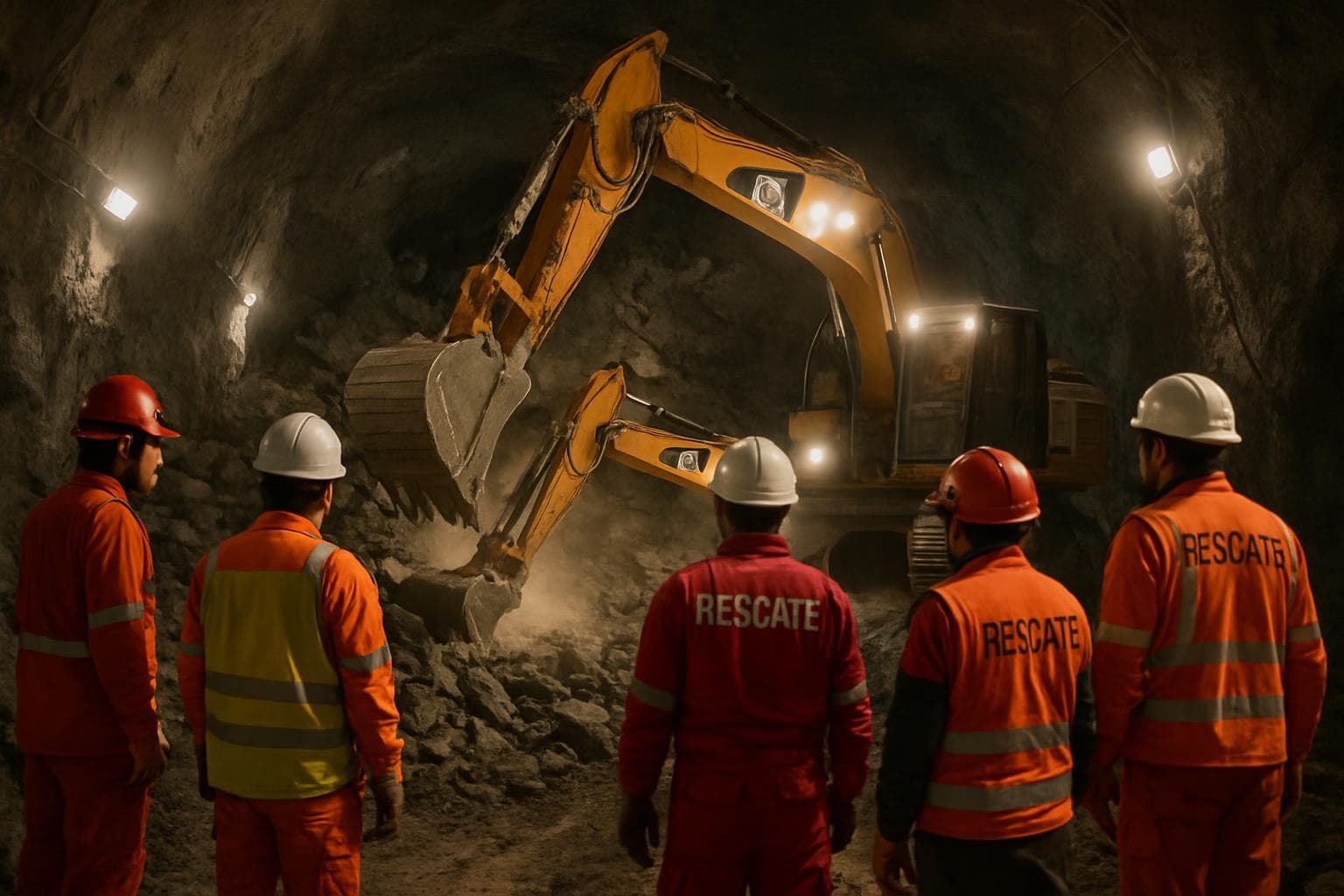 Rescue teams with machinery clearing tunnels in Chilean mine