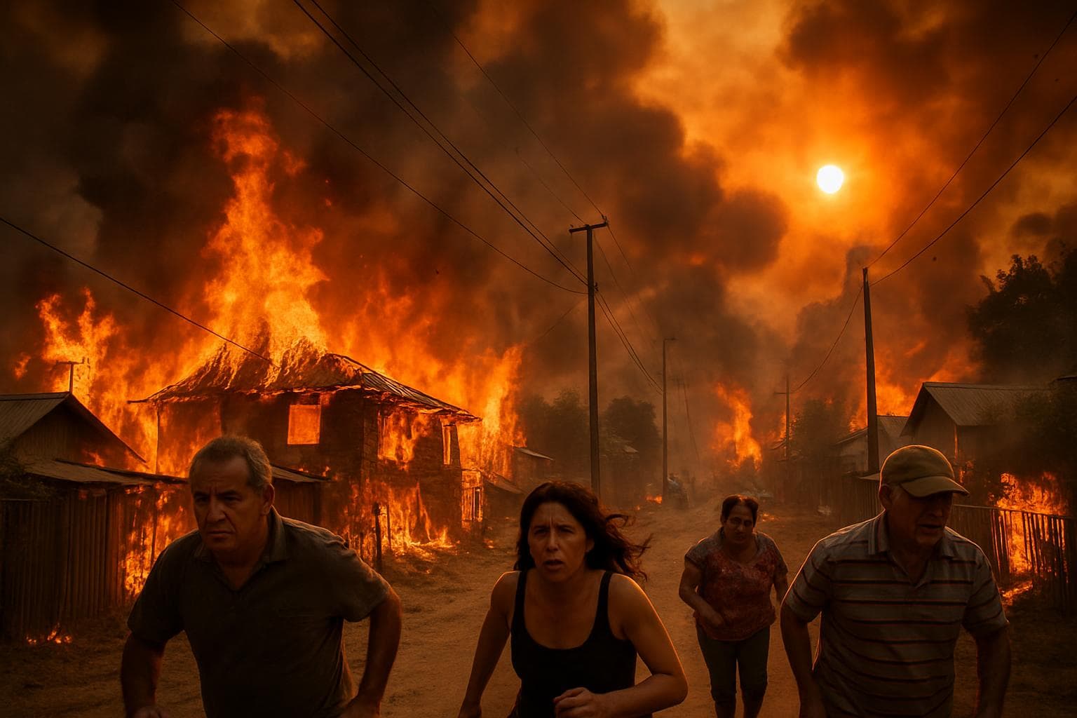 Wildfire in Chile with flames and smoke near homes