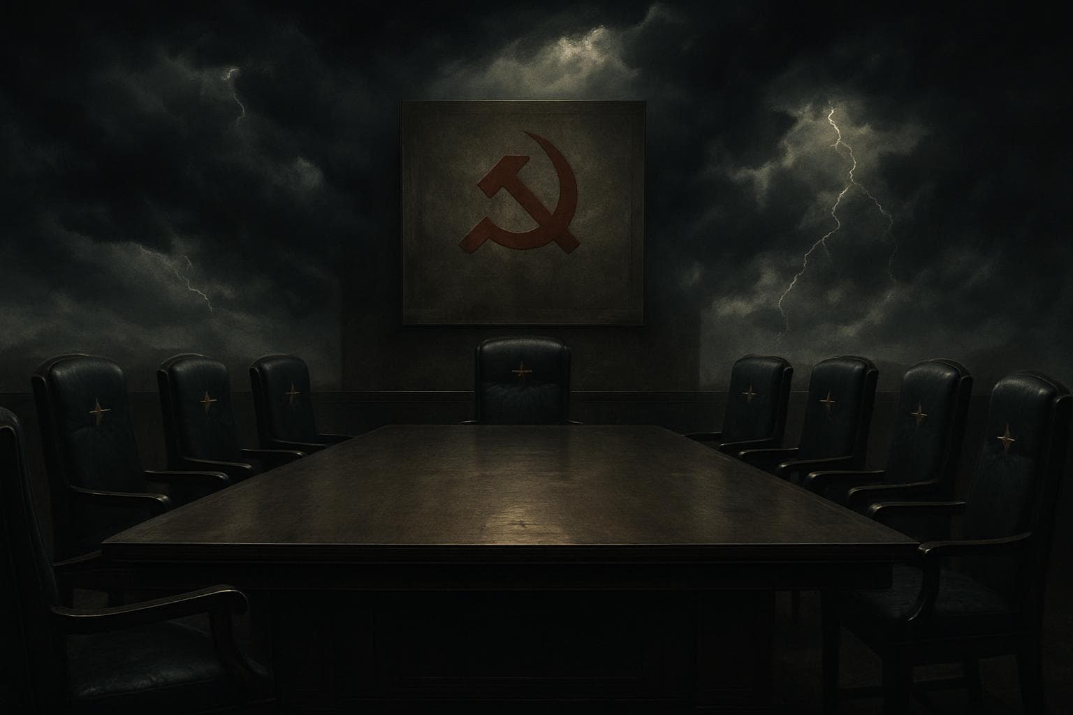Empty chairs in a military boardroom with stormy backdrop