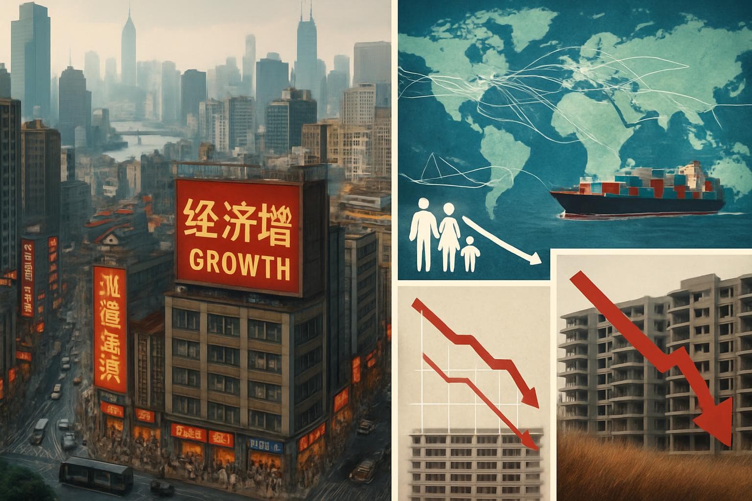 Chinese cityscape with global shipping routes and economic symbols