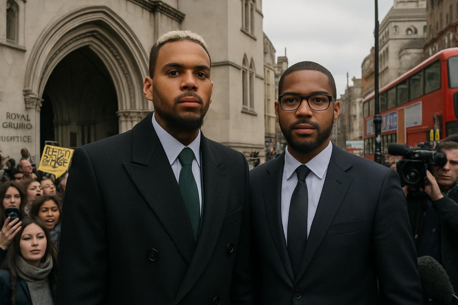 Chris Brown with co-defendant outside London courthouse