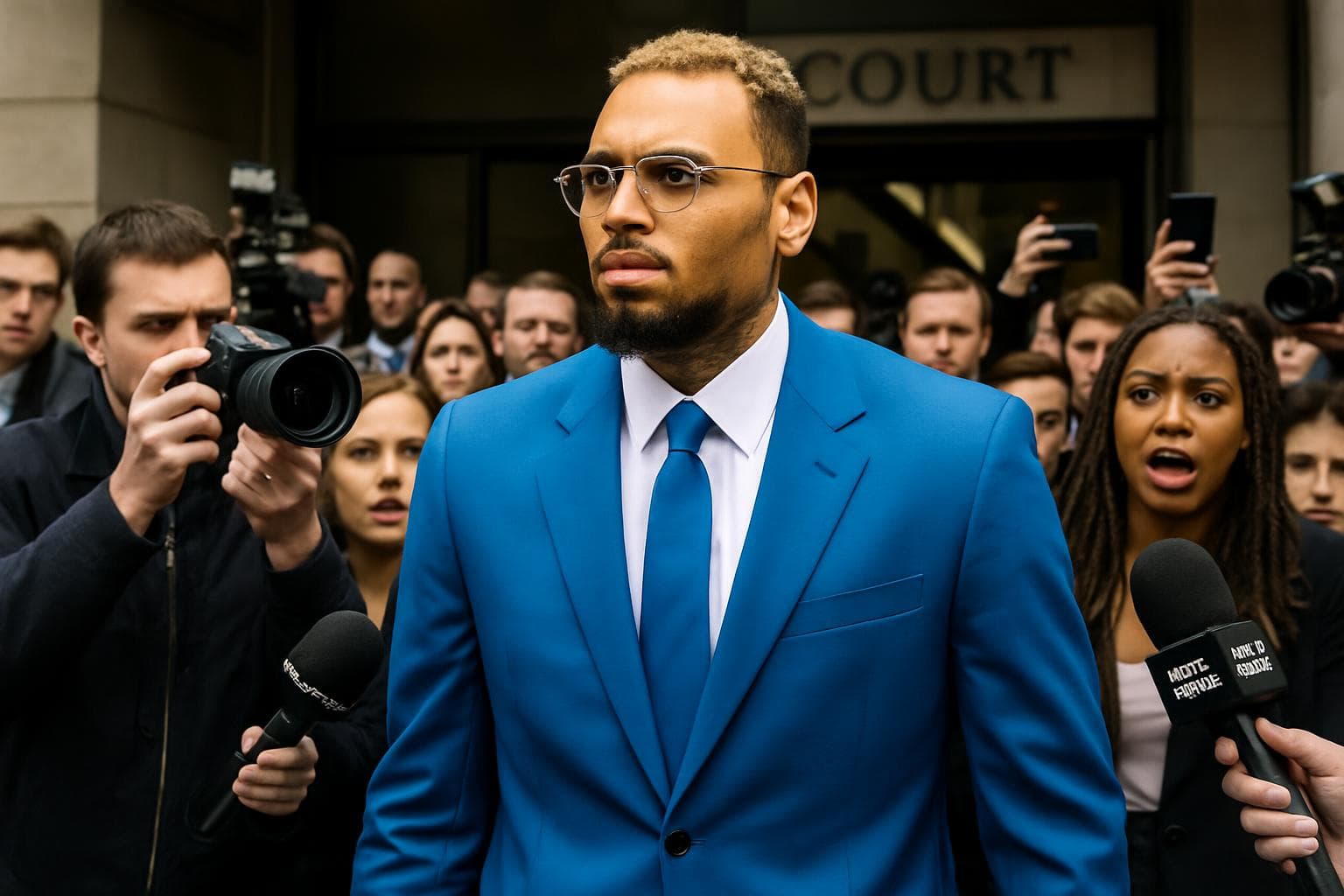 Chris Brown in a blue suit denies charges in London
