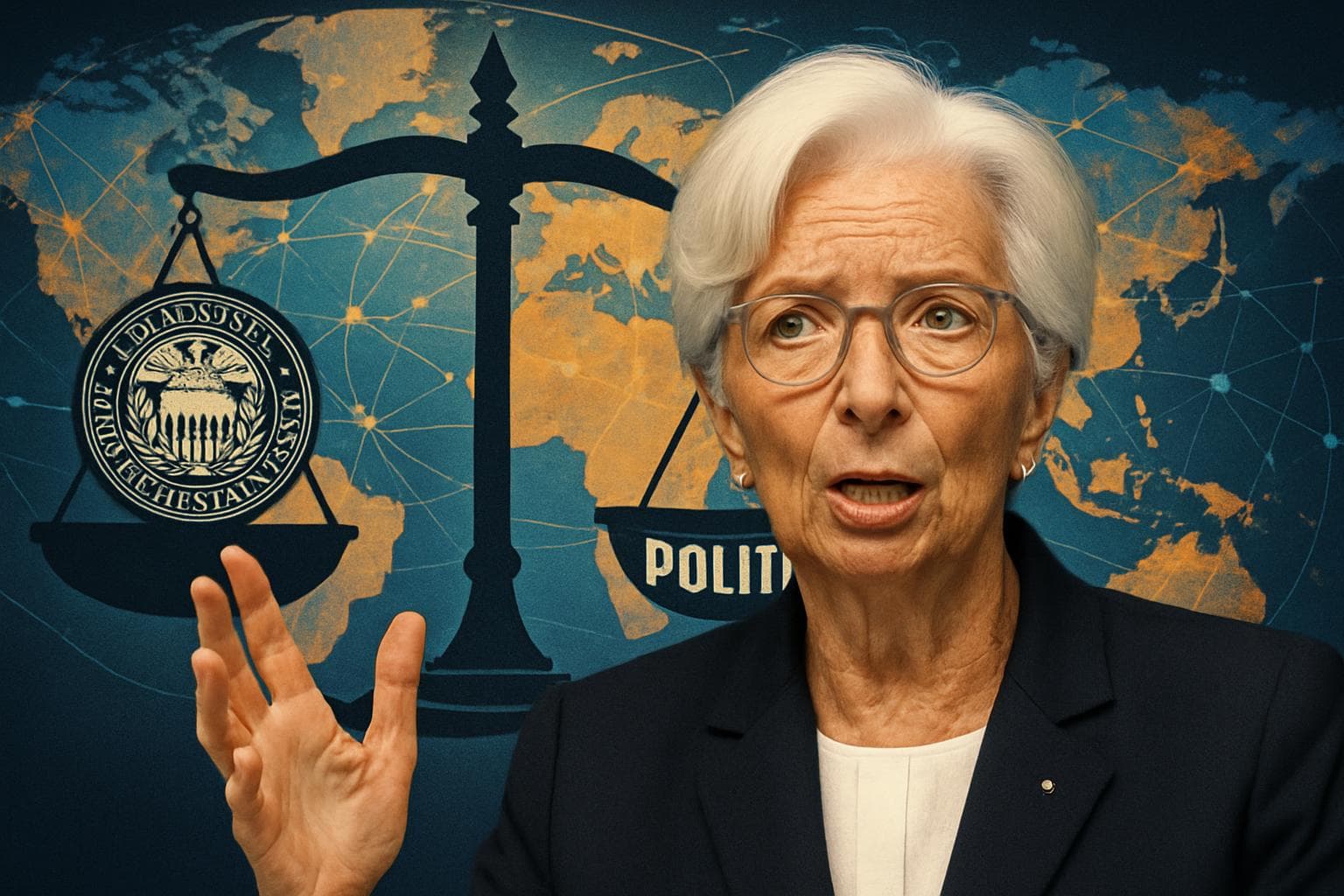 Christine Lagarde with balancing scale and global economies