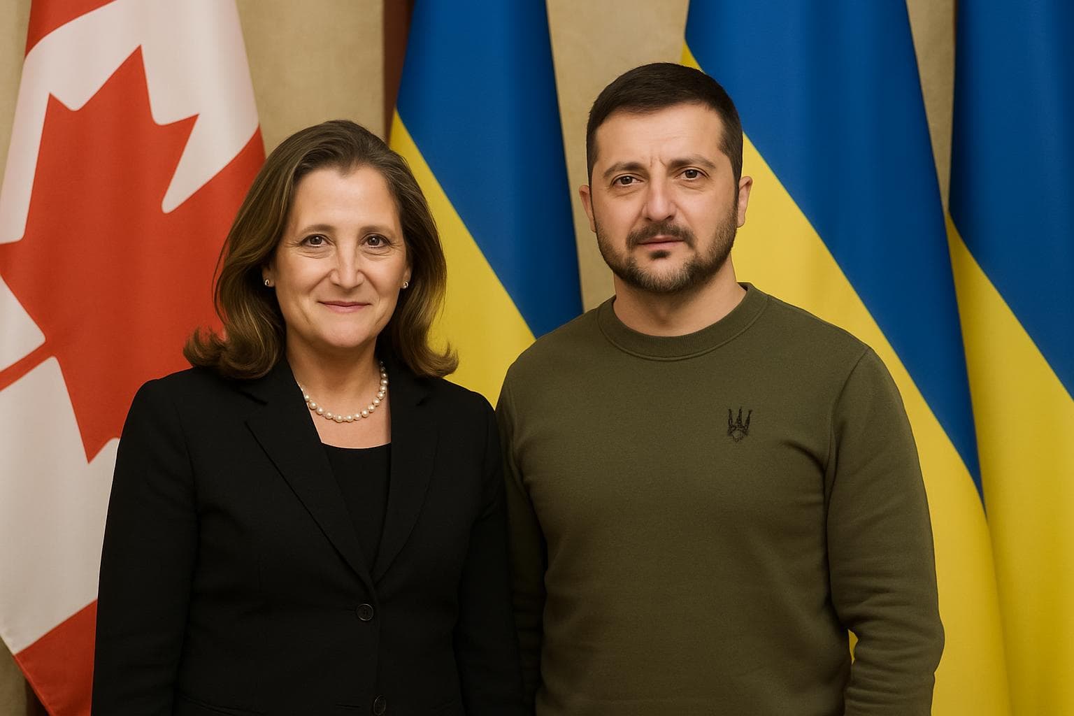 Chrystia Freeland with Volodymyr Zelensky and national flags