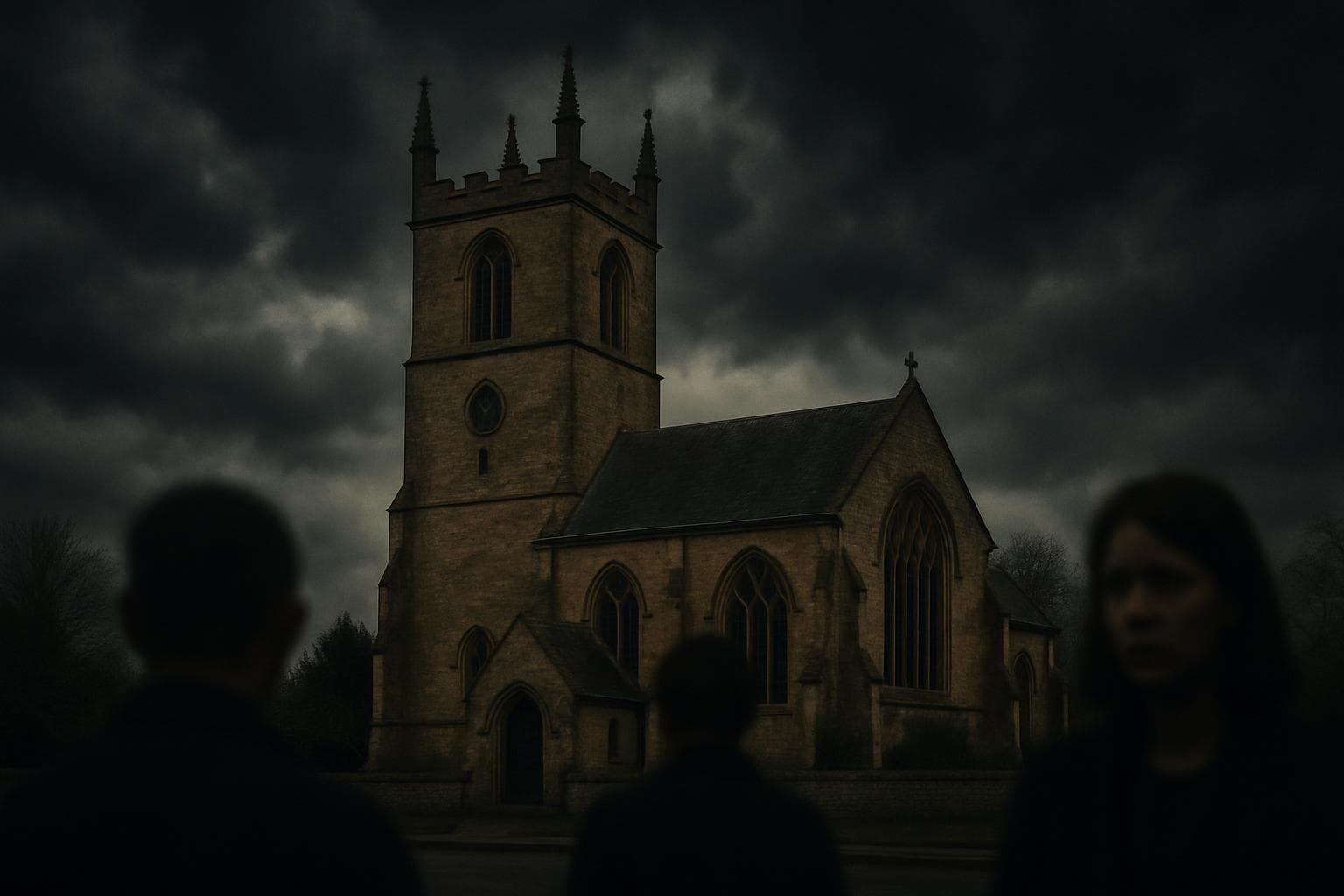 Solemn Church of England building with stormy clouds above