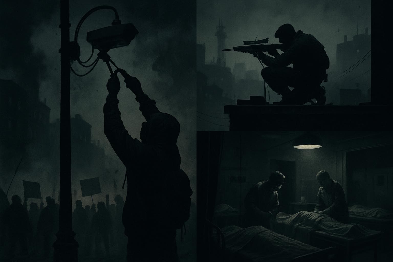 Protesters disabling surveillance cameras in a city under blackout