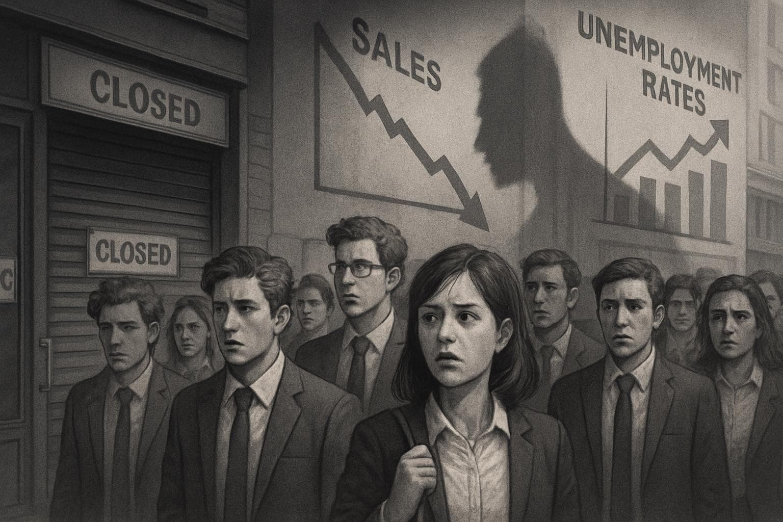 Young adults in business attire on a city street with closed stores