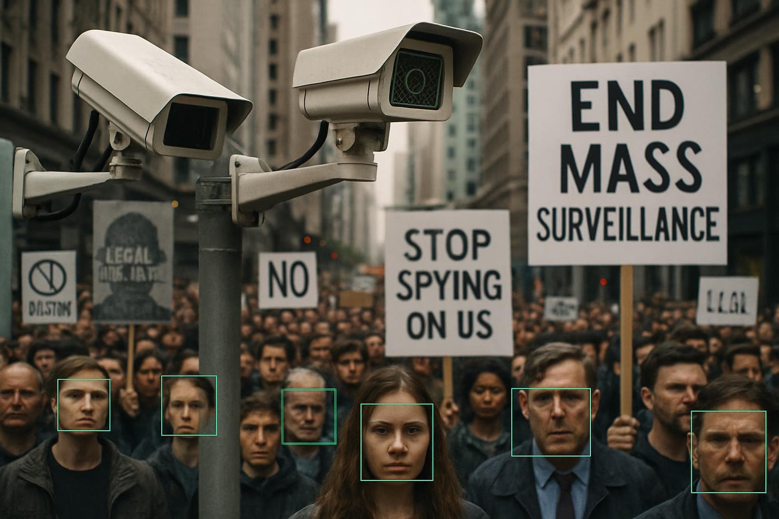 Surveillance cameras with facial recognition in a cityscape