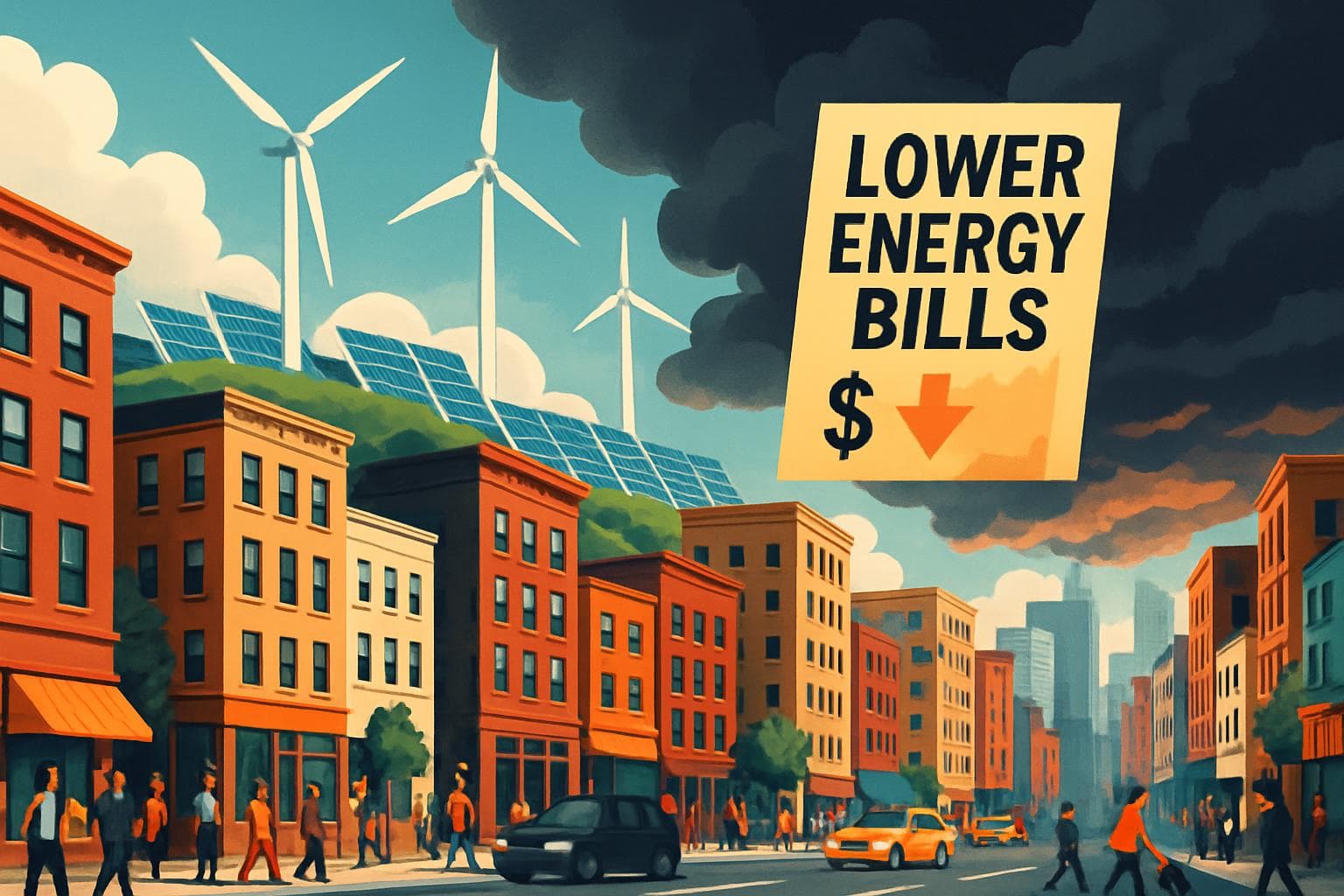 Cityscape with wind turbines, solar panels, and dark clouds