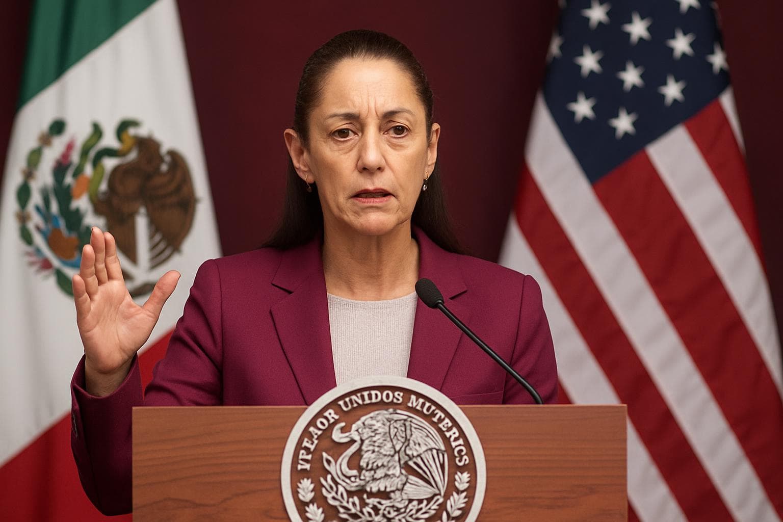 Mexican President Claudia Sheinbaum speaking at a podium
