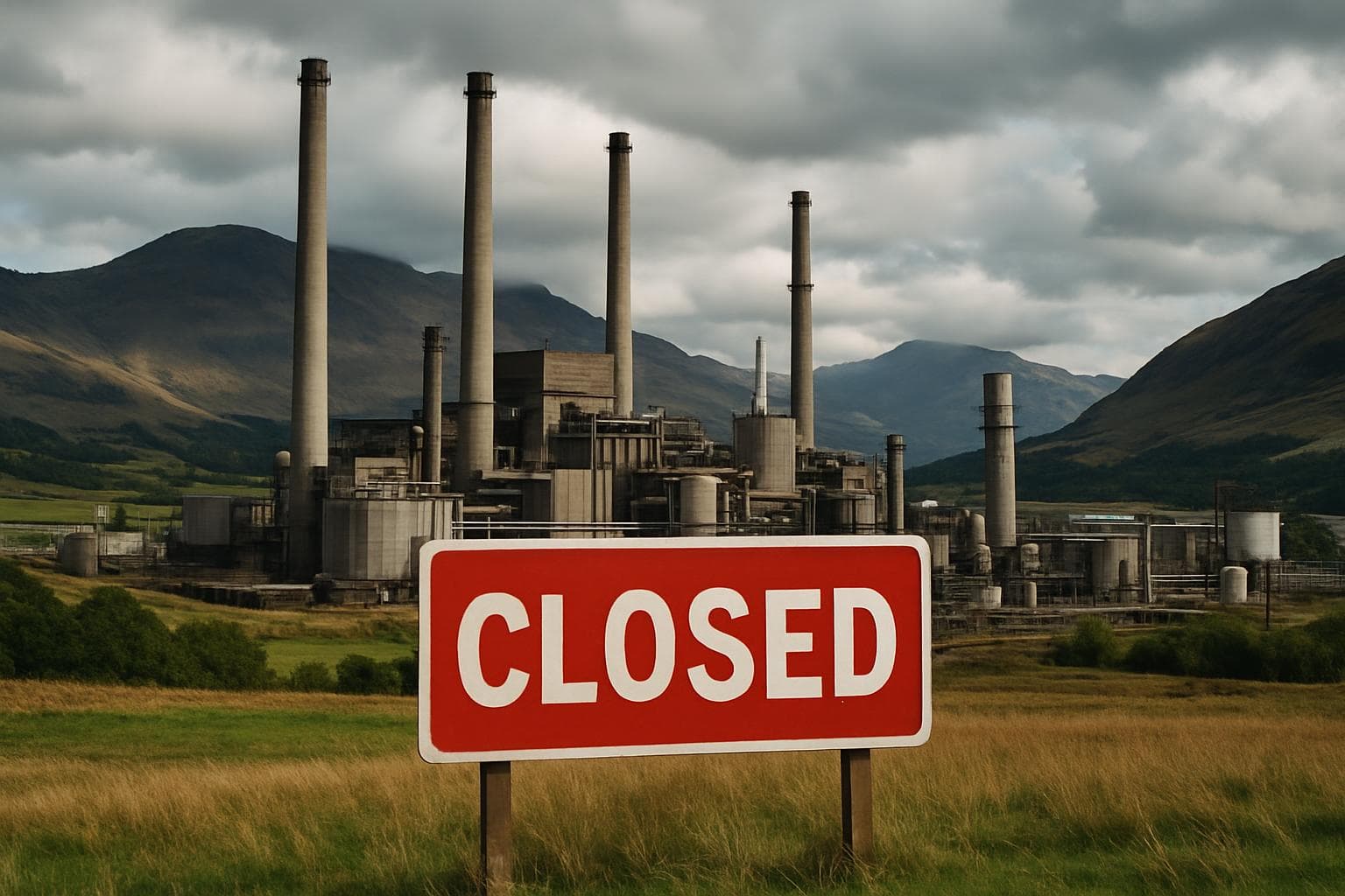 Large industrial plant with chimneys and a closed sign in Scotland