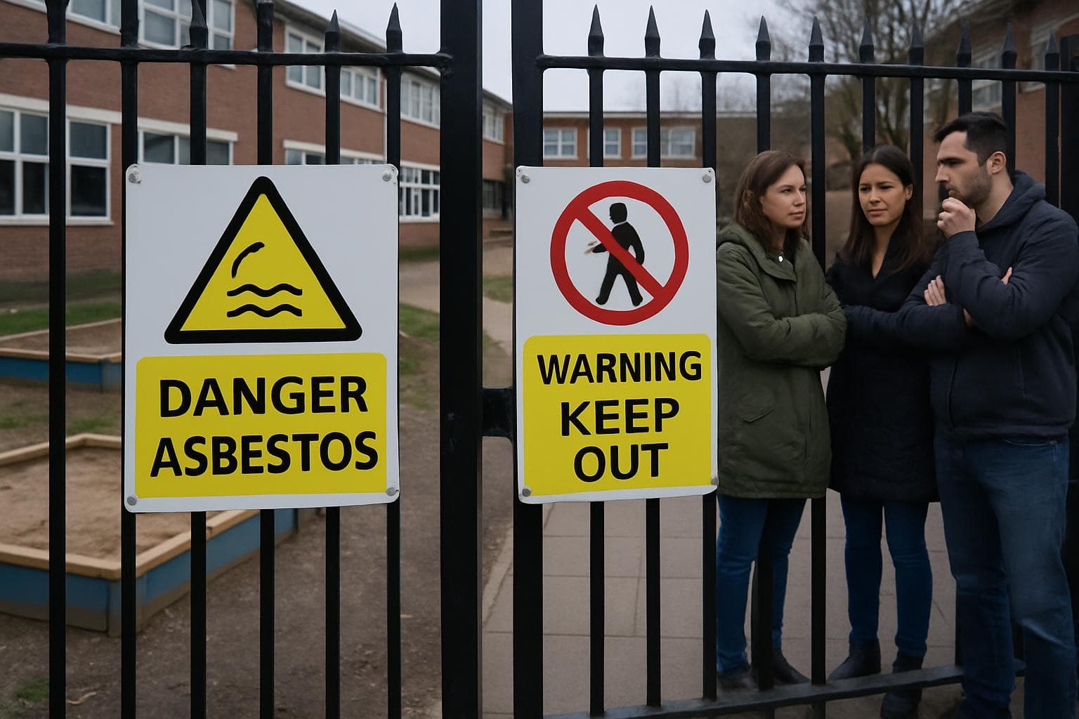 Closed school gates with asbestos warning signs and parents nearby.