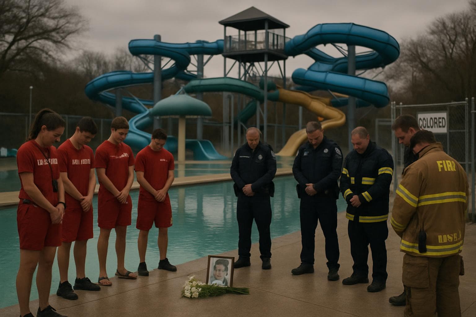 Closed water park with lifeguards and emergency responders