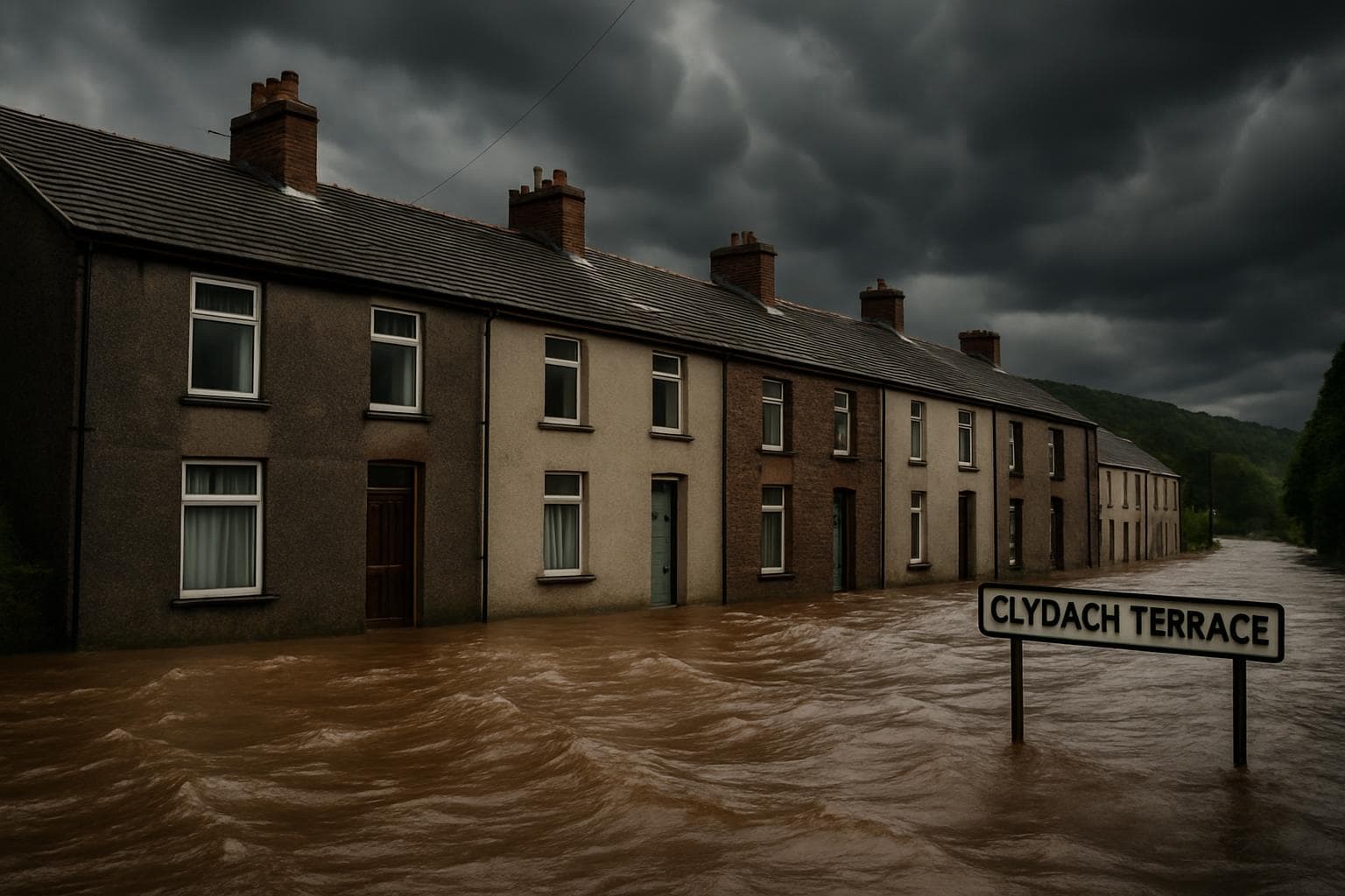 Row of homes on Clydach Terrace surrounded by floodwaters