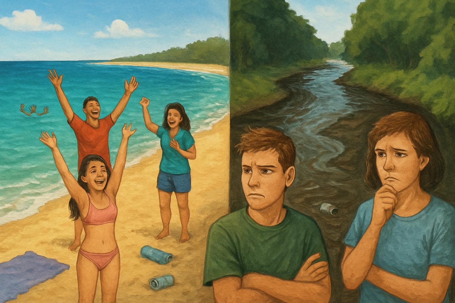 Coastal and river scene with clean and polluted water