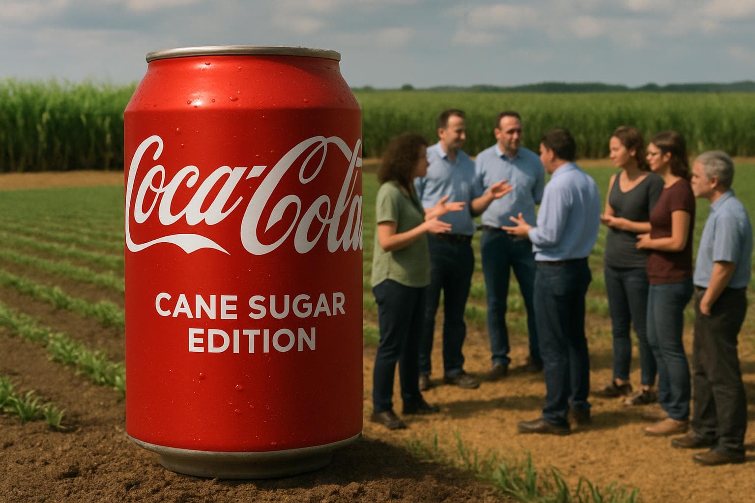 Coca-Cola can labeled 'Cane Sugar Edition' with farm fields