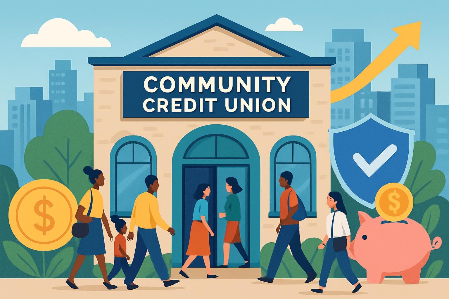 People entering a community credit union building in a cityscape