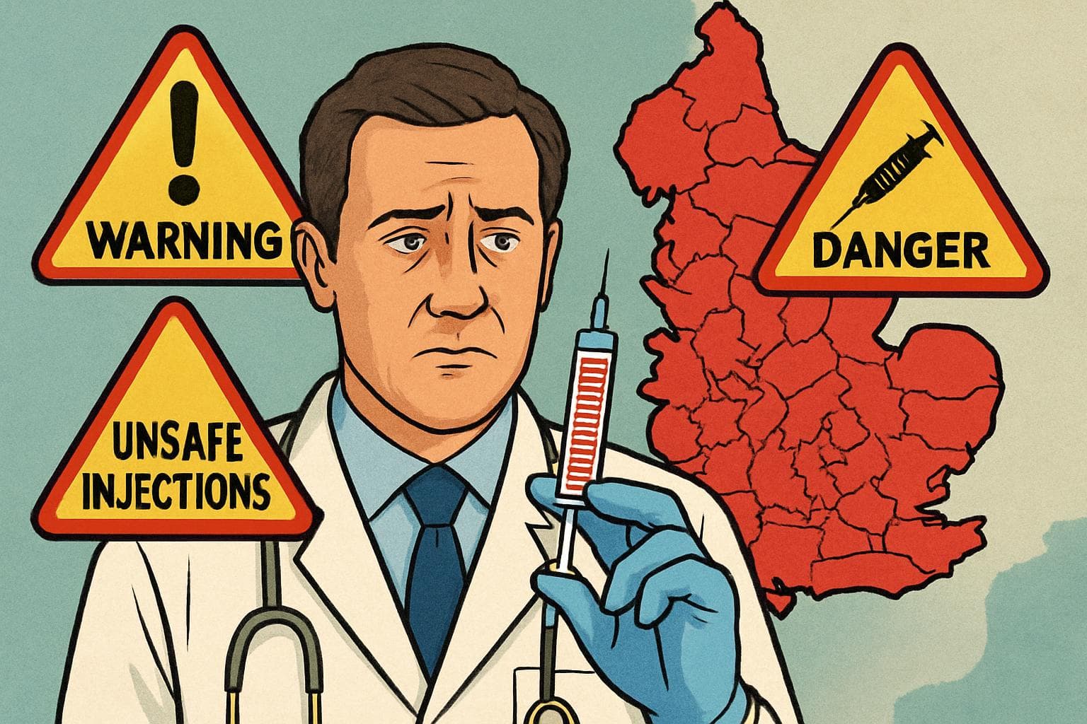 Concerned doctor holding syringe labeled 'unlicensed' with warning signs.