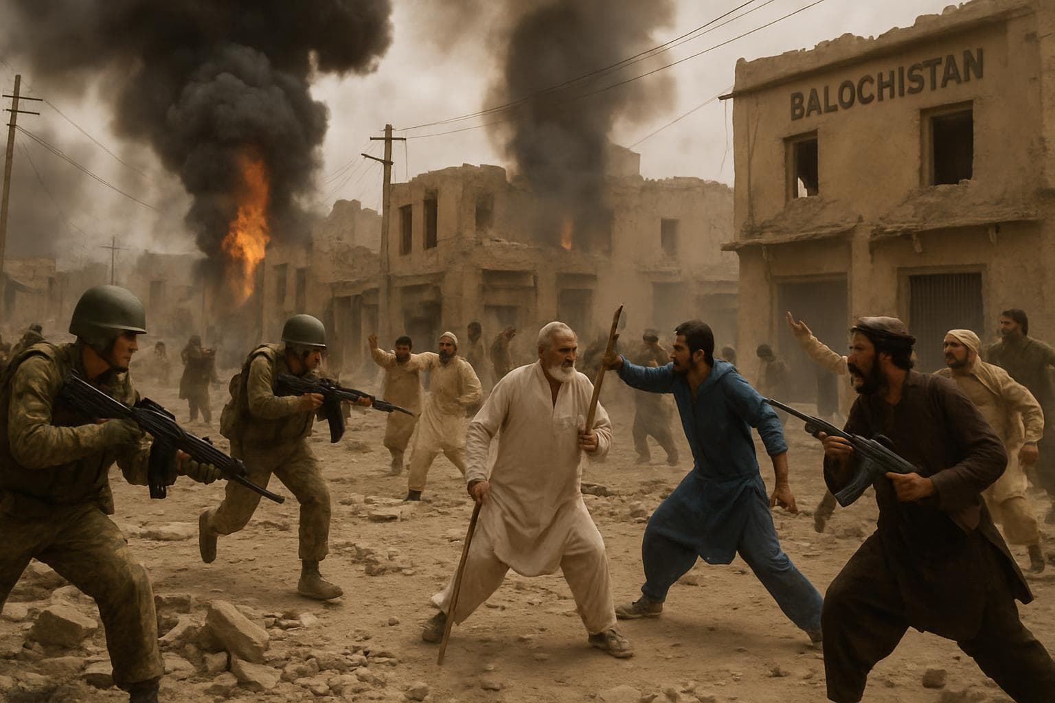 Conflict scene in Balochistan with military and smoke