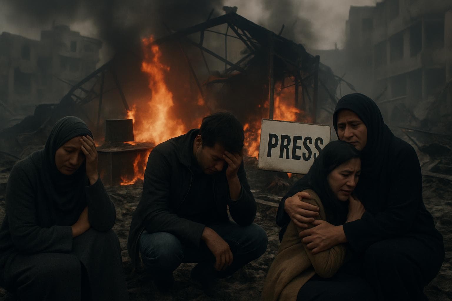 Burning newsroom remnants with grieving journalists in Gaza