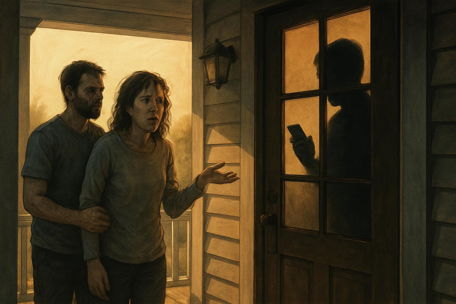 Woman and man on porch with shadowy figure inside
