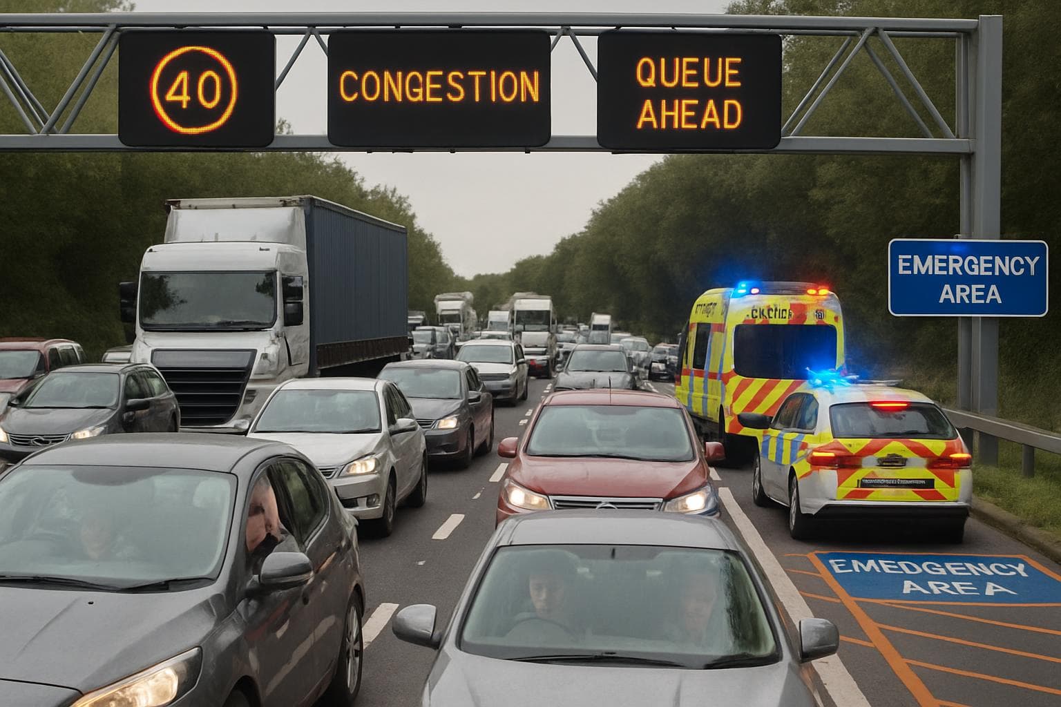 Congested smart motorways in England with digital signs and emergency vehicles
