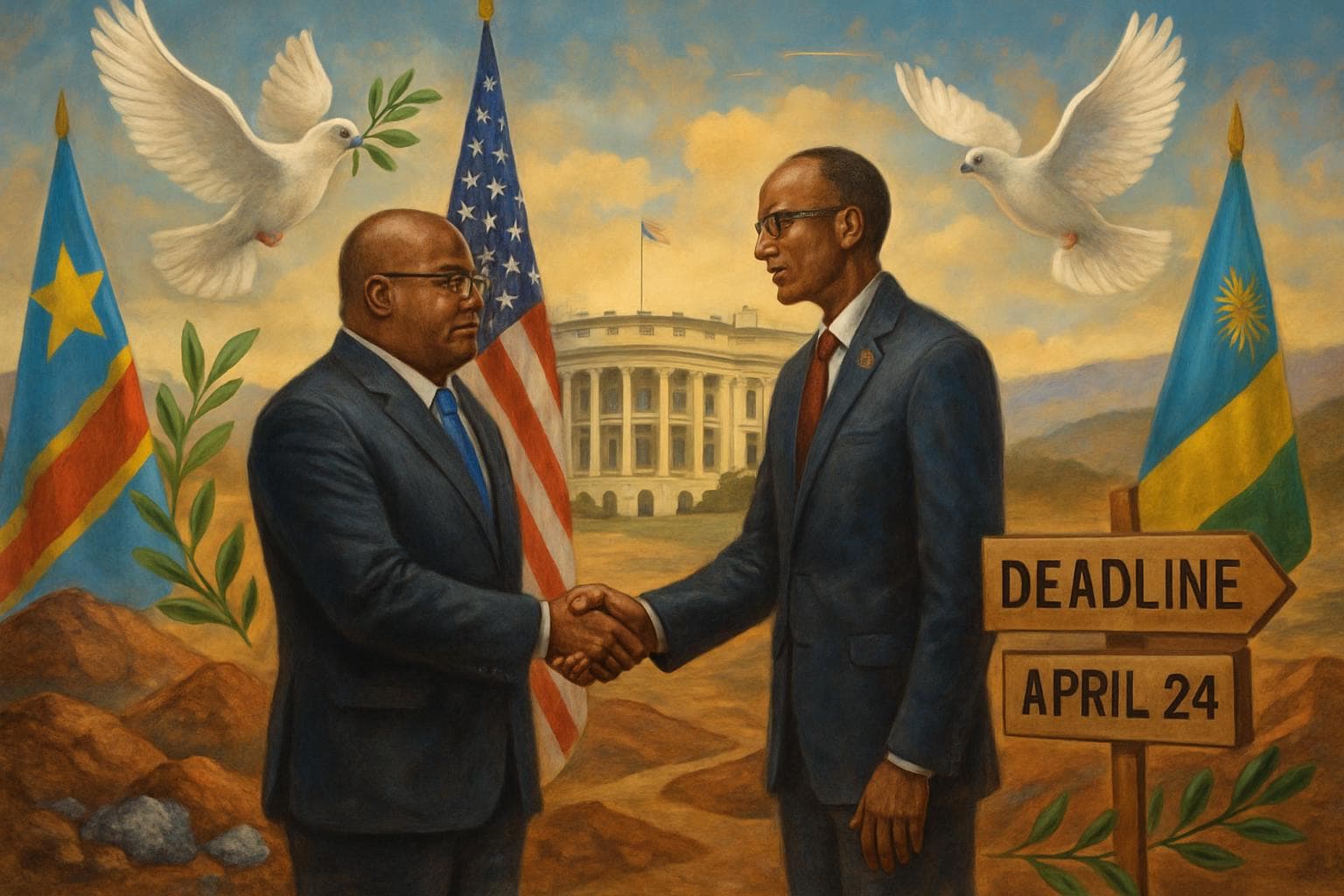 Congo and Rwanda leaders shaking hands in Washington