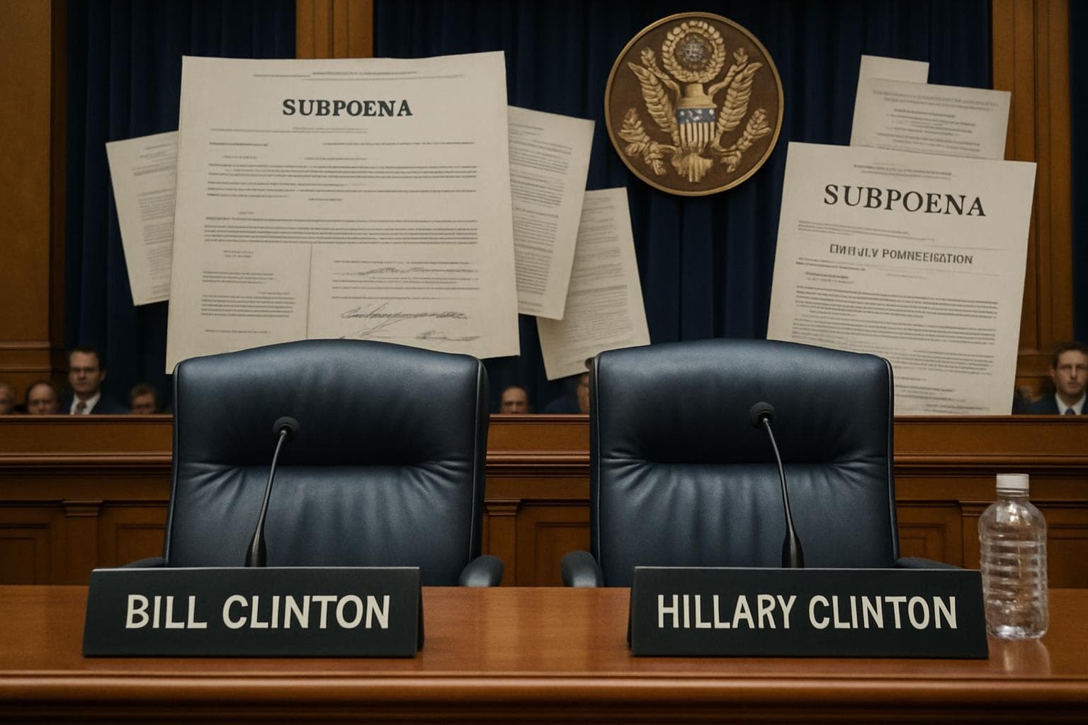Empty seats labeled Bill Clinton and Hillary Clinton at a hearing