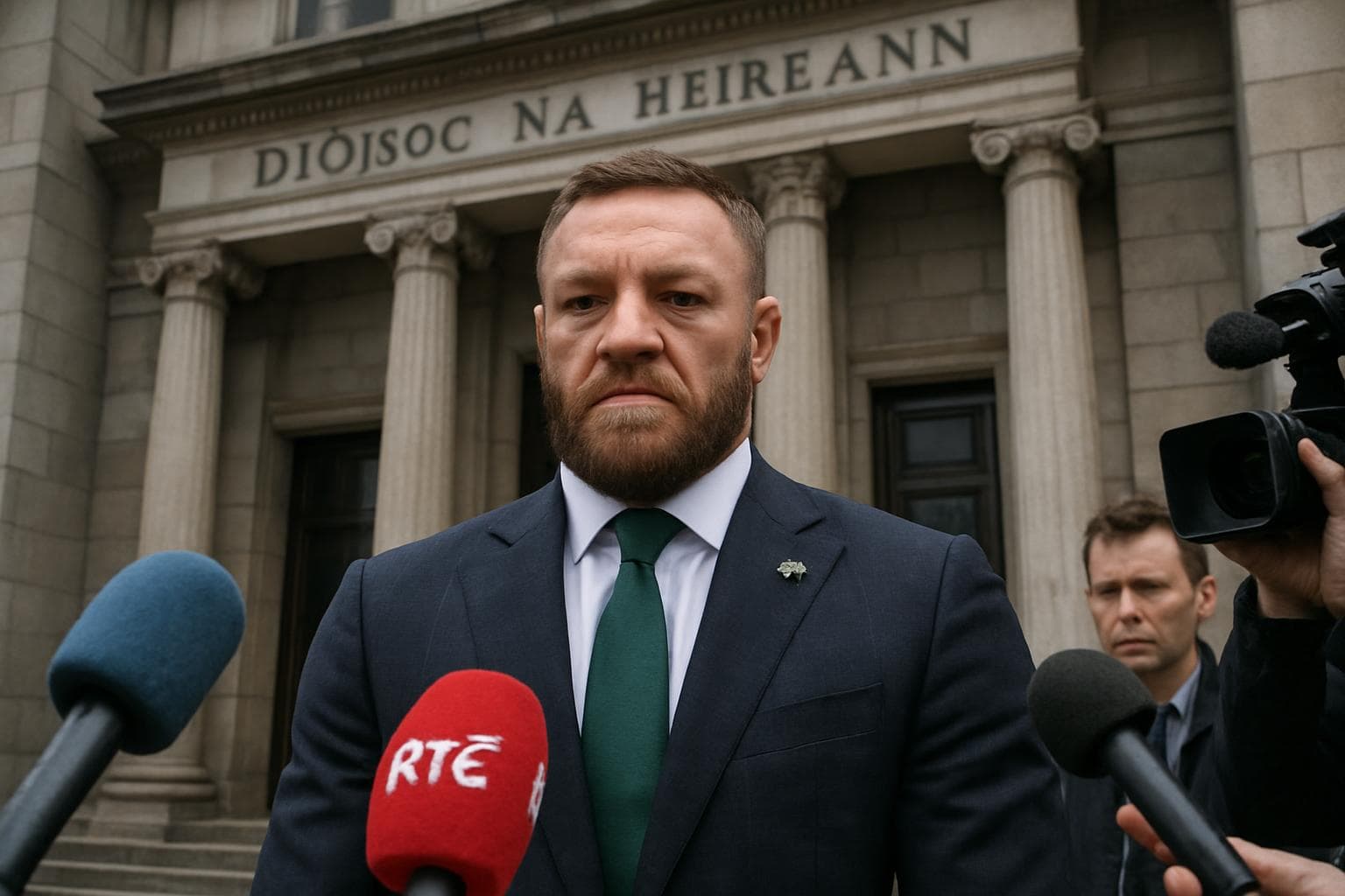 Conor McGregor standing solemnly outside an Irish courthouse