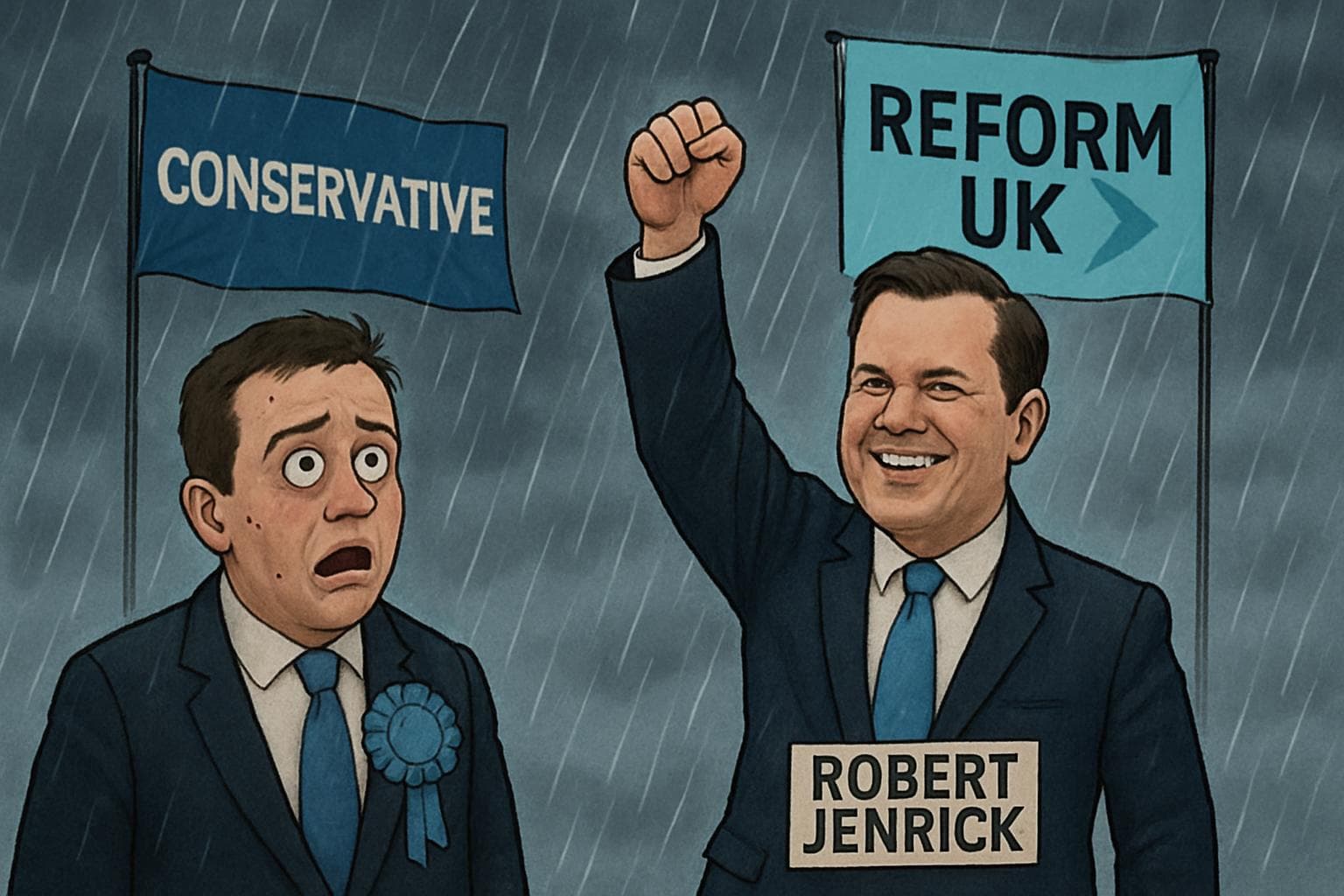 Conservative ally under rainy sky with party banners