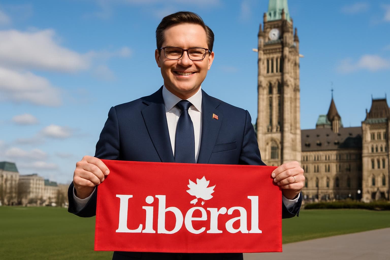 Conservative MP with Liberal Party banner at Canadian Parliament