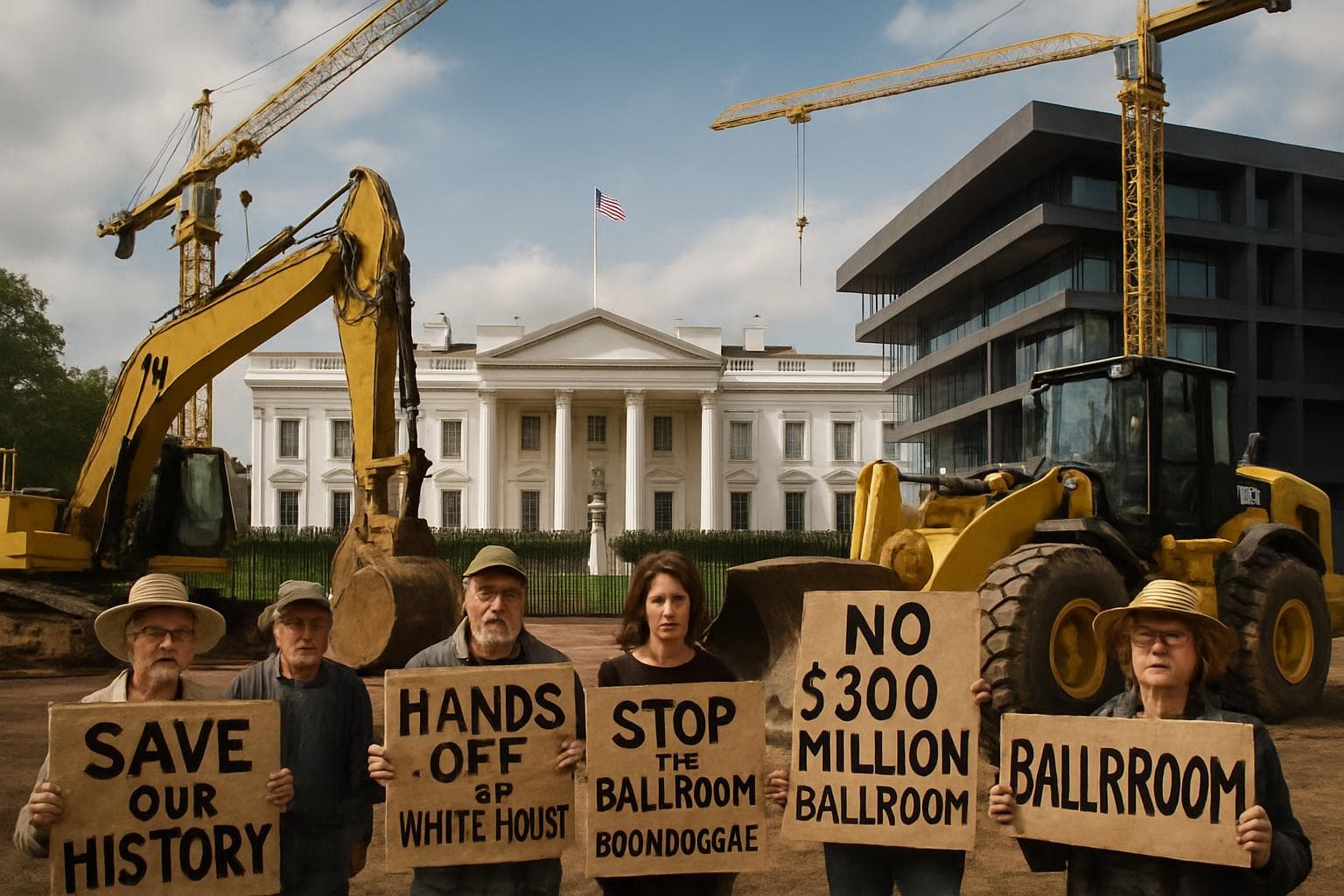Construction cranes near the White House with protesters