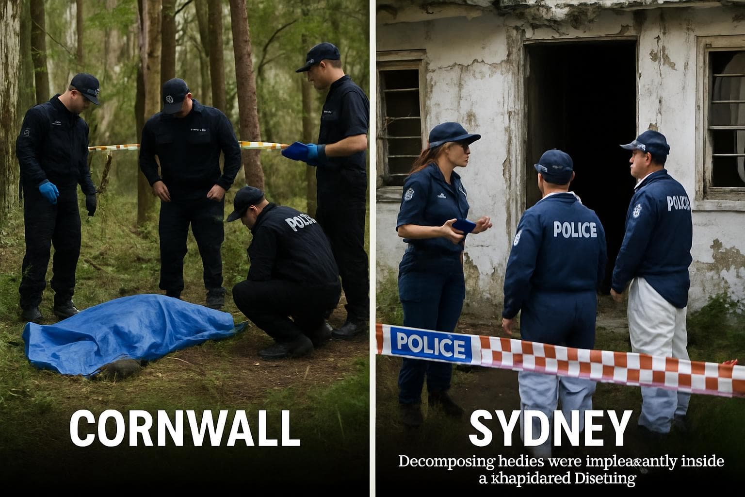 Police officers investigating a body in the woods and a house