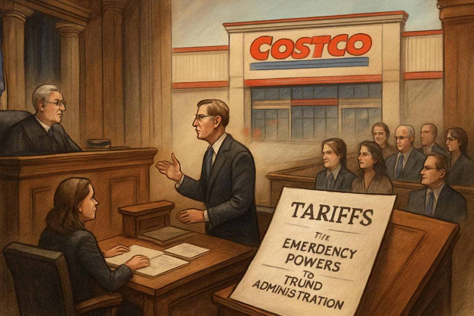Courtroom scene with Costco storefront and legal documents