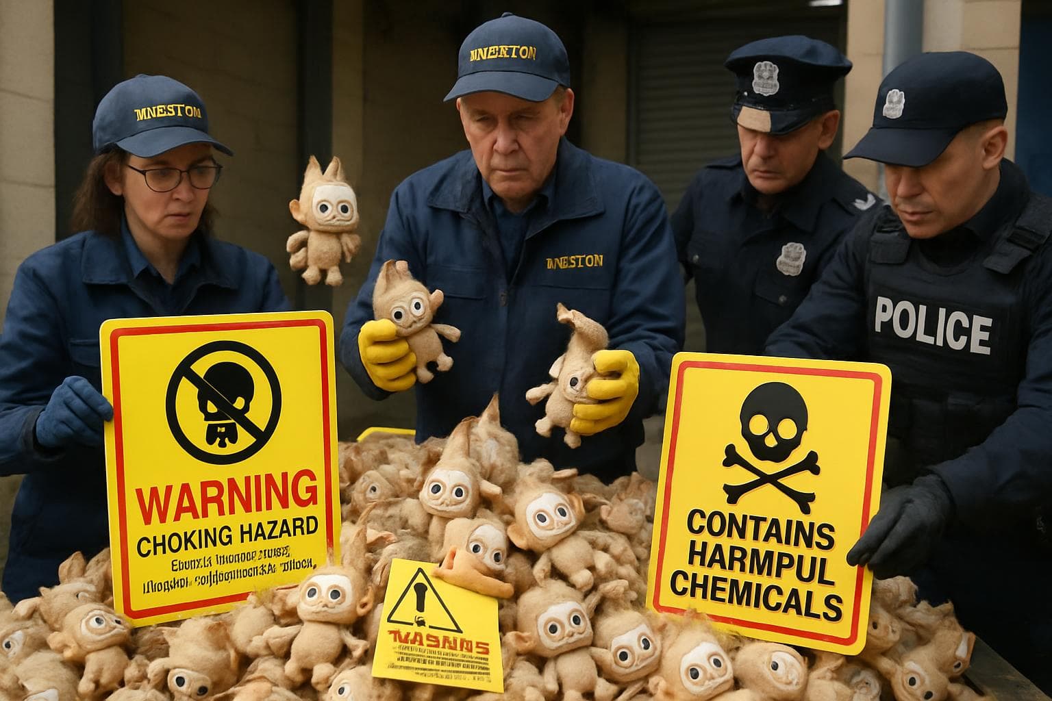 Inspectors seizing counterfeit Labubu dolls with warning signs.