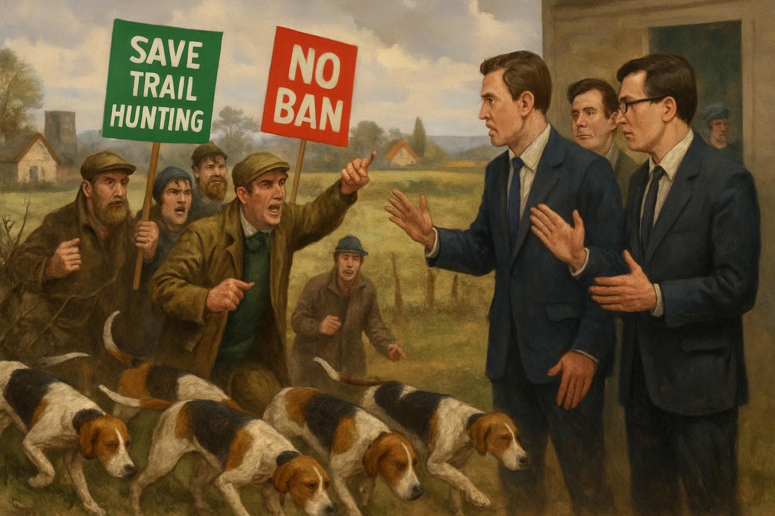 Hounds following a scent trail as people discuss hunting ban