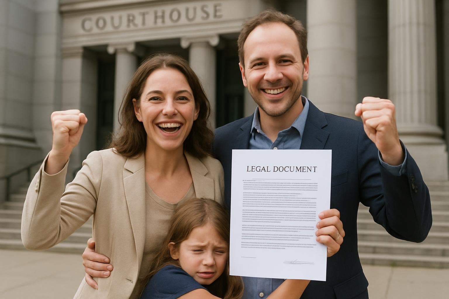 Relieved couple holding legal document in front of courthouse