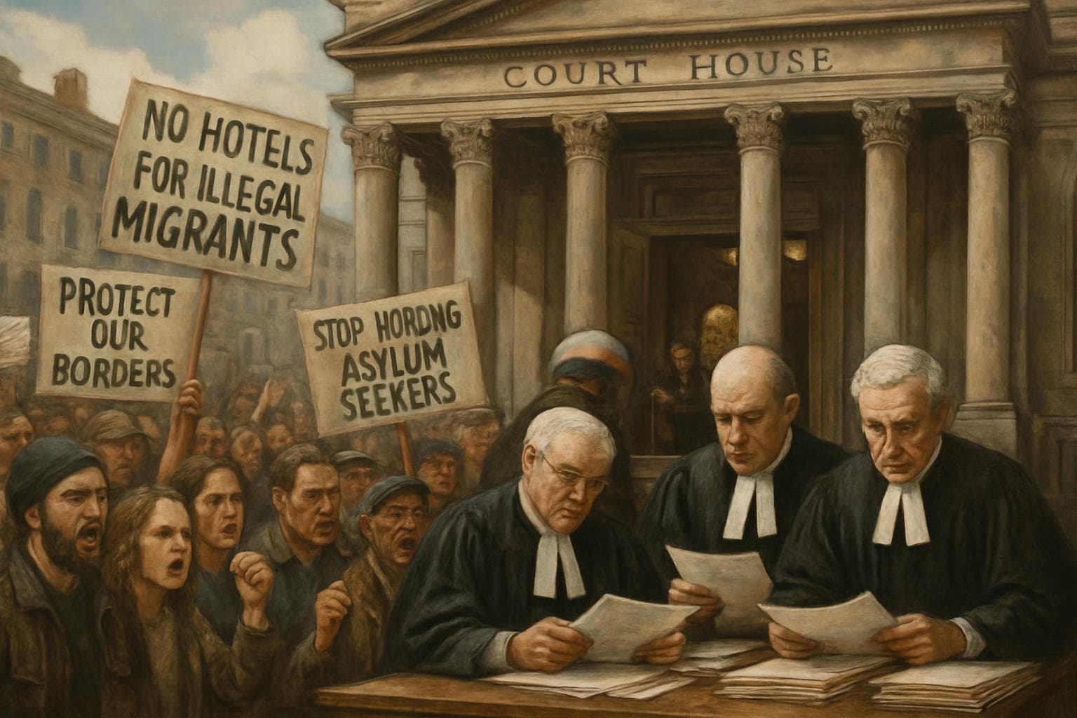 Historic court building with protestors outside