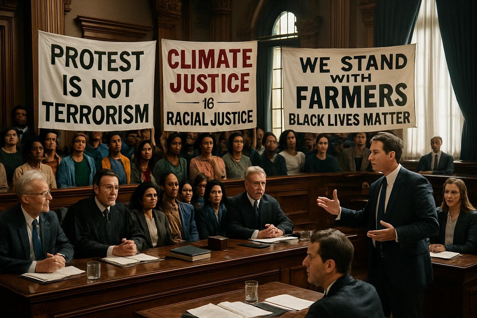 Diverse activists in courtroom holding civil rights banners