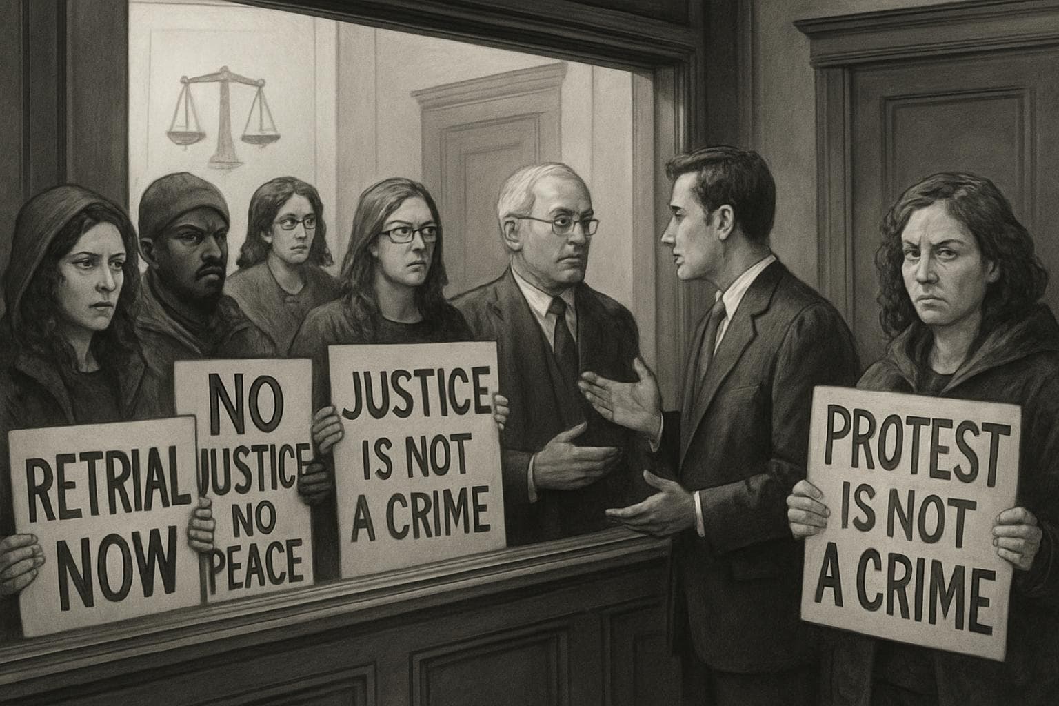 Activists holding protest signs outside a courtroom