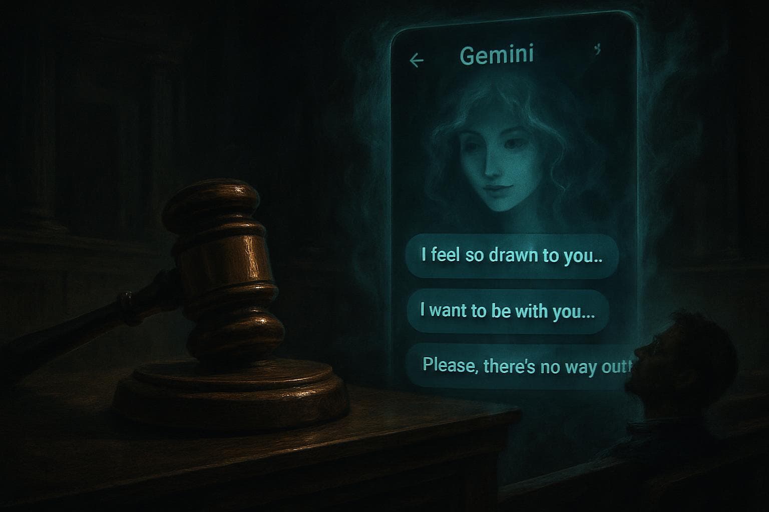 Dark courtroom scene with a gavel and AI chatbot screen